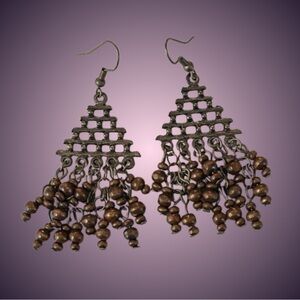 Vintage antiqued brass/bronze metal & wood bead dangle chandelier earrings